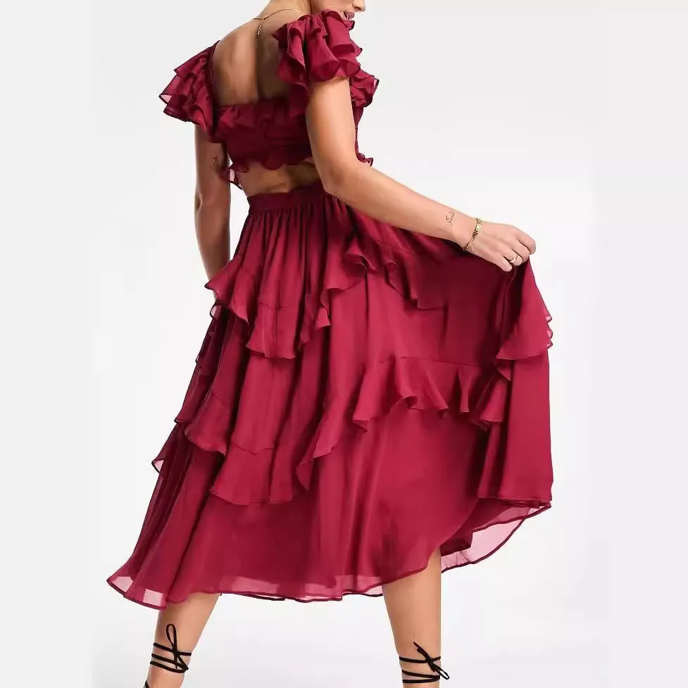 Holiday Dress Lace Backless Hollow Cake Skirt Ruffled Pleated Maxi Dresses Wholesale Womens Clothing N3824091200171