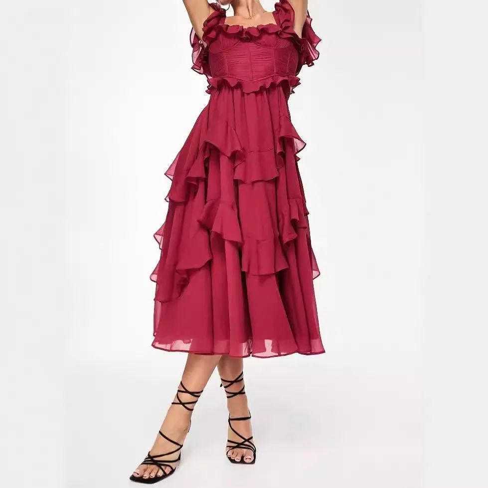 Holiday Dress Lace Backless Hollow Cake Skirt Ruffled Pleated Maxi Dresses Wholesale Womens Clothing N3824091200171