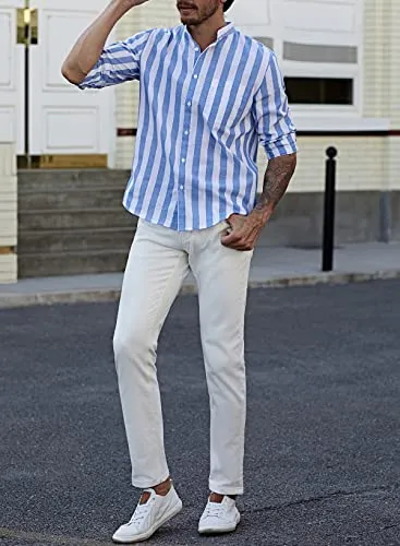 JMIERR Mens Casual Cotton Linen Shirts Button Down Long Sleeve Striped Beach Resort Shirts for Men,US 38(S),0Sky Blue