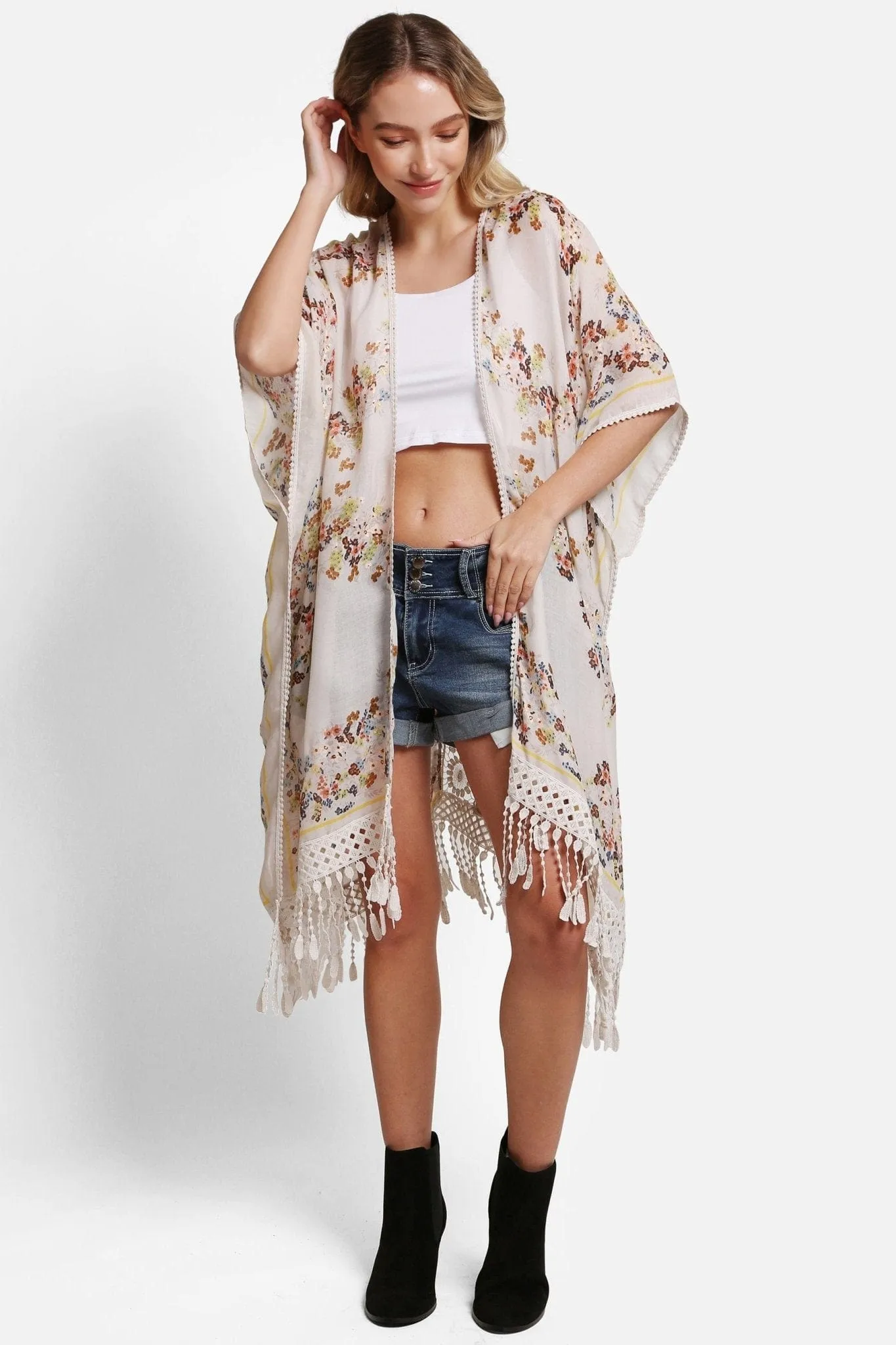 JP5234 Juniper Floral Kimono With Tassels