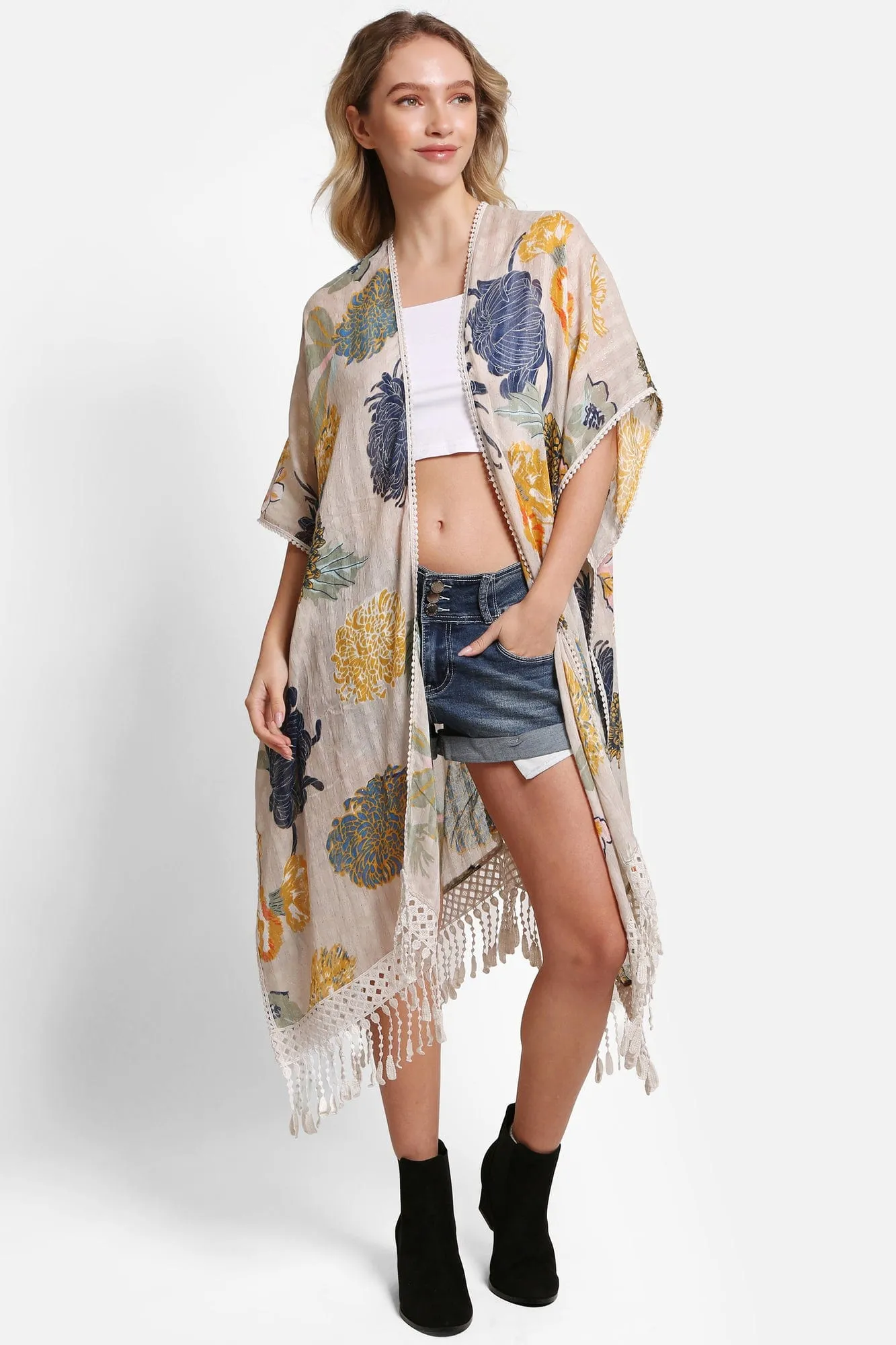 JP5234 Juniper Floral Kimono With Tassels