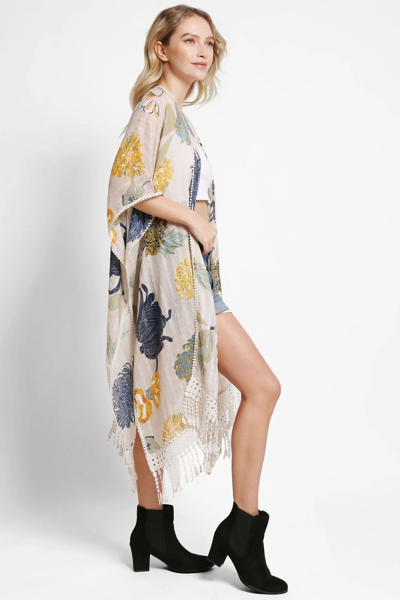 JP5234 Juniper Floral Kimono With Tassels