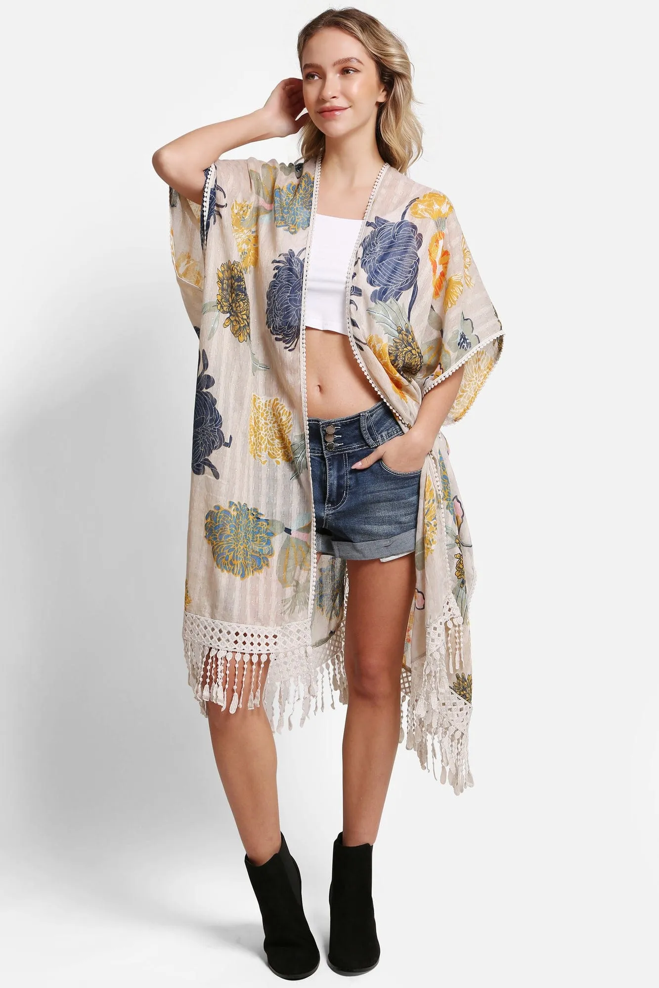 JP5234 Juniper Floral Kimono With Tassels