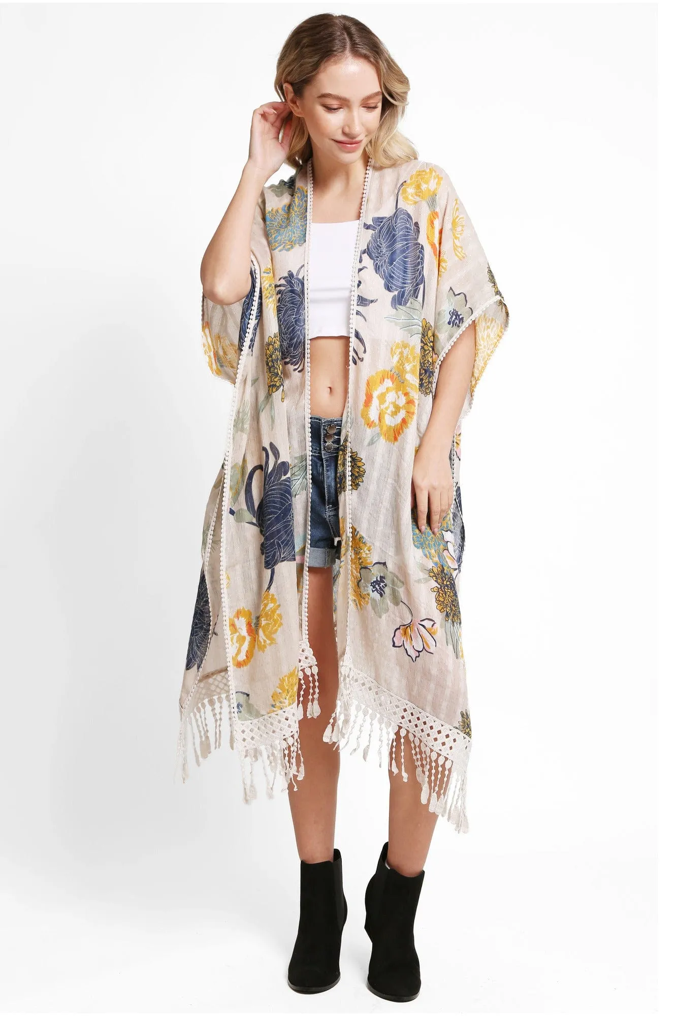 JP5234 Juniper Floral Kimono With Tassels