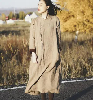 kahki Linen Women Dresses Long Sleeve Women Linen Dresses Fleece Lining S90921