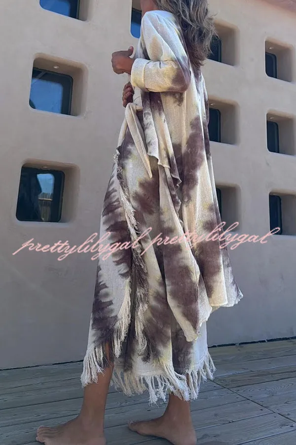 Kailani Linen Blend Tie-dye Print Irregular Hem Duster Kimono
