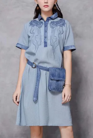 Loose-Fit Striped Embroidered Denim Shirt Dress (With Belt)