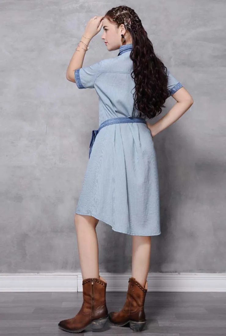 Loose-Fit Striped Embroidered Denim Shirt Dress (With Belt)
