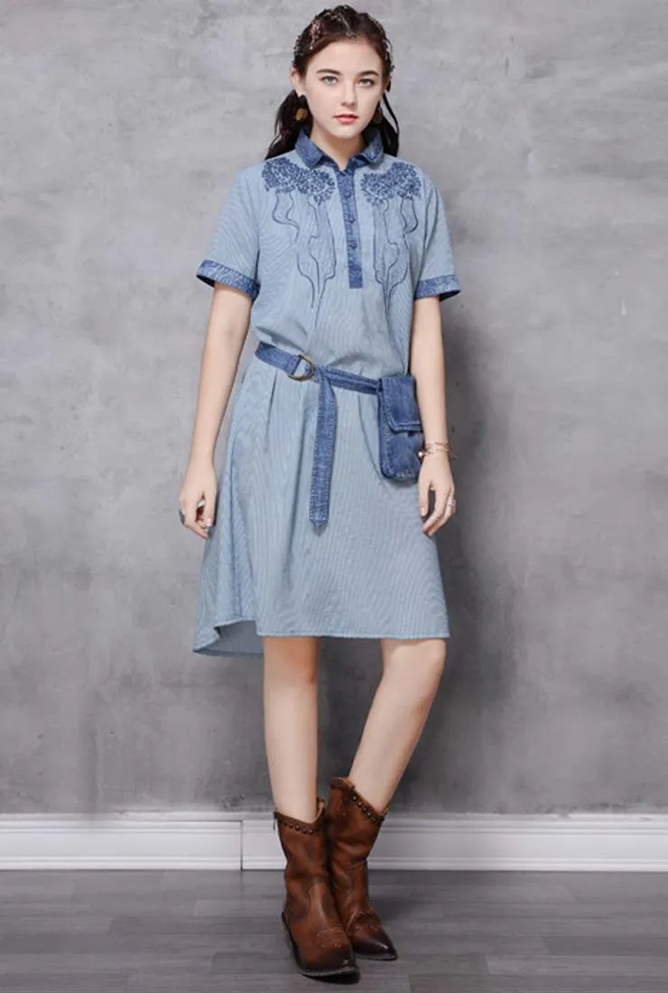 Loose-Fit Striped Embroidered Denim Shirt Dress (With Belt)