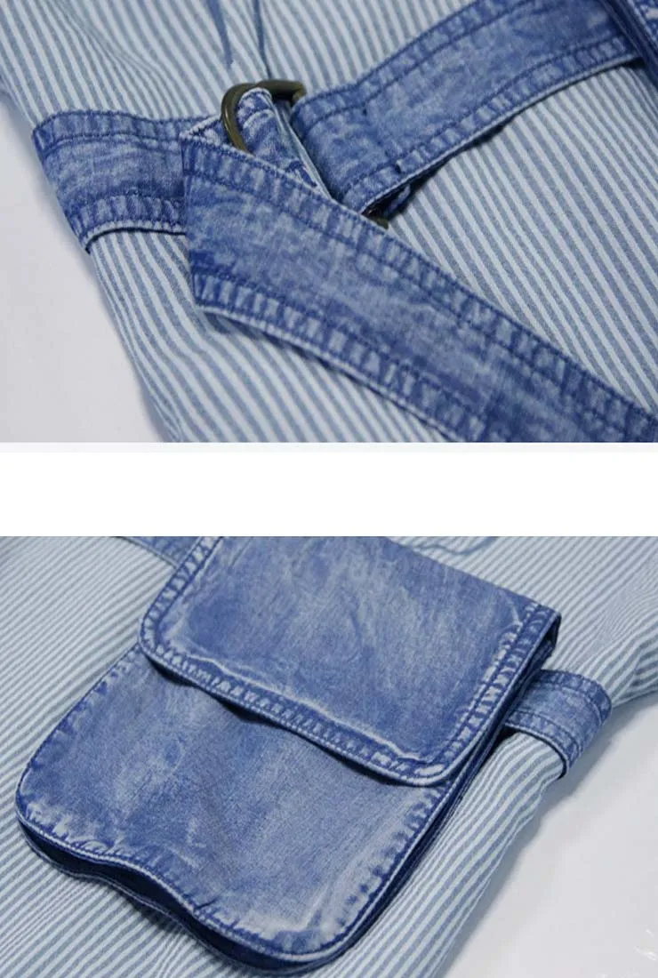 Loose-Fit Striped Embroidered Denim Shirt Dress (With Belt)
