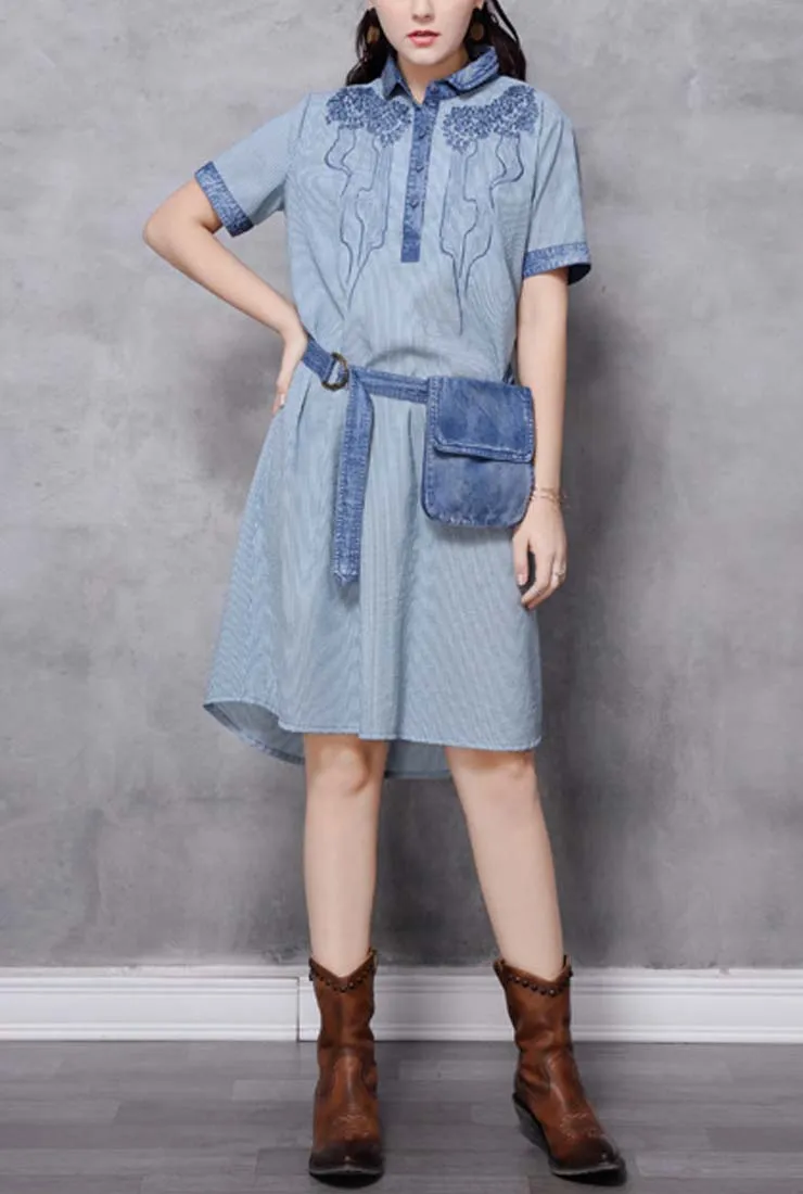 Loose-Fit Striped Embroidered Denim Shirt Dress (With Belt)
