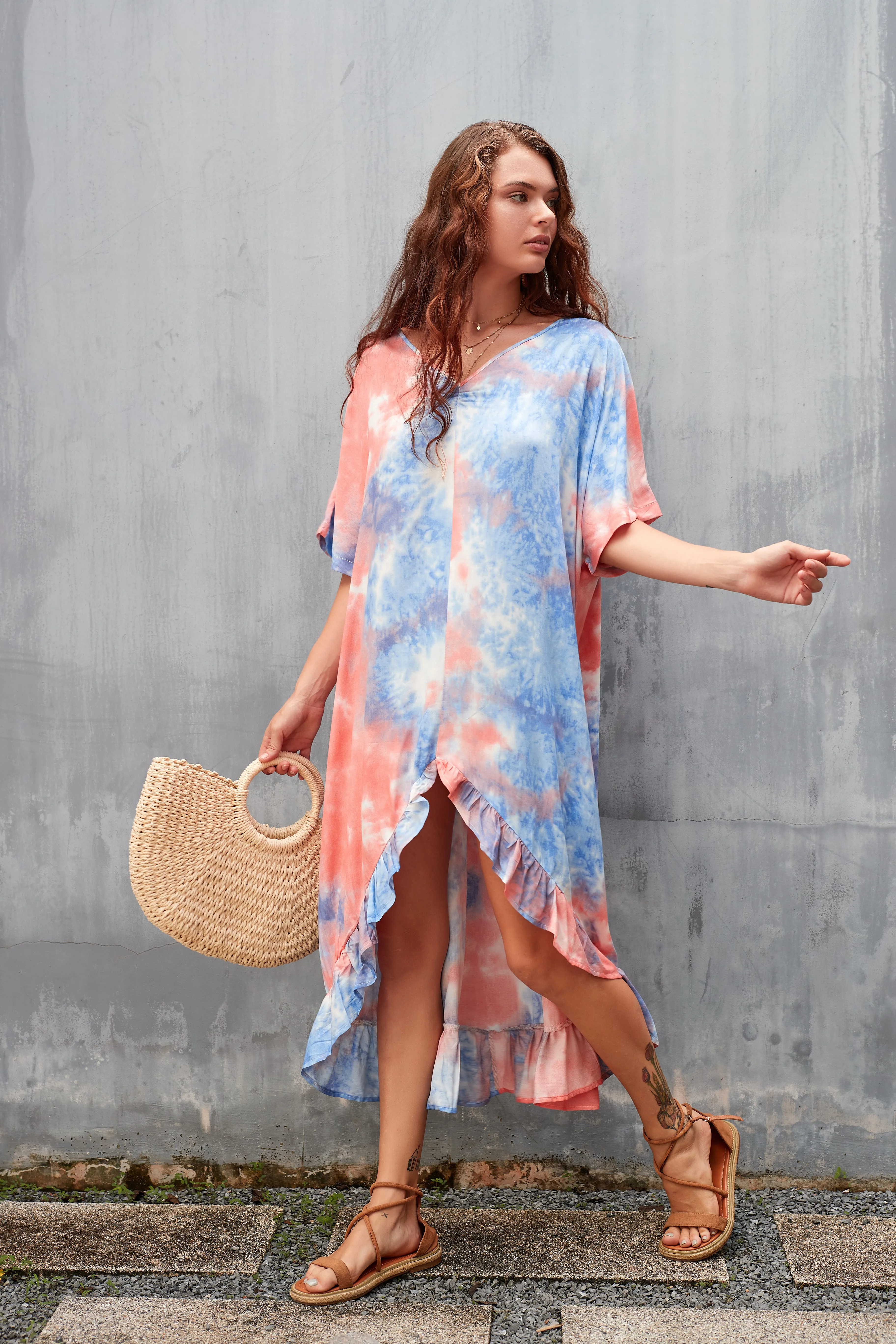 Loose Tie-Dye V-Neck Beach Kaftans for Women
