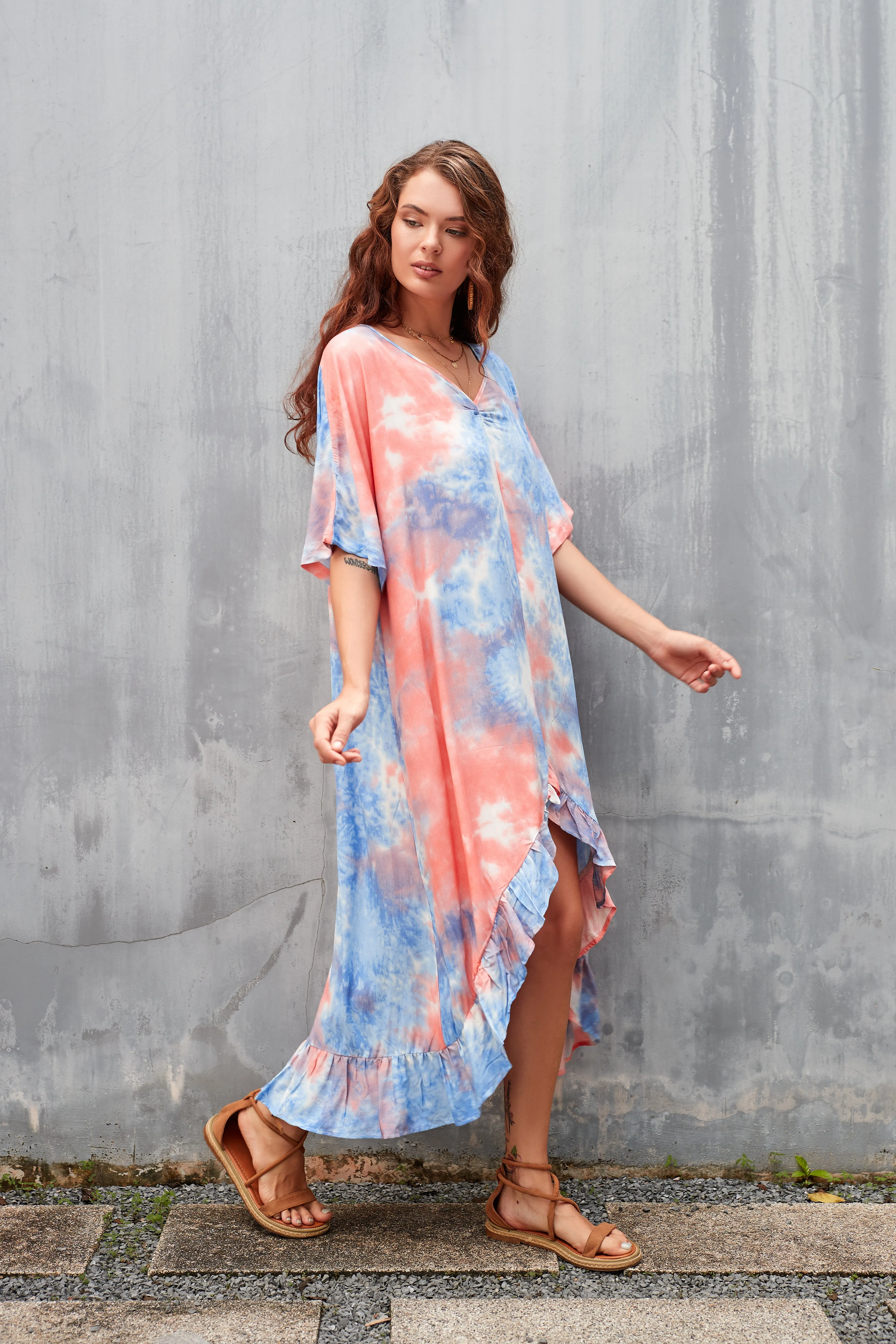 Loose Tie-Dye V-Neck Beach Kaftans for Women