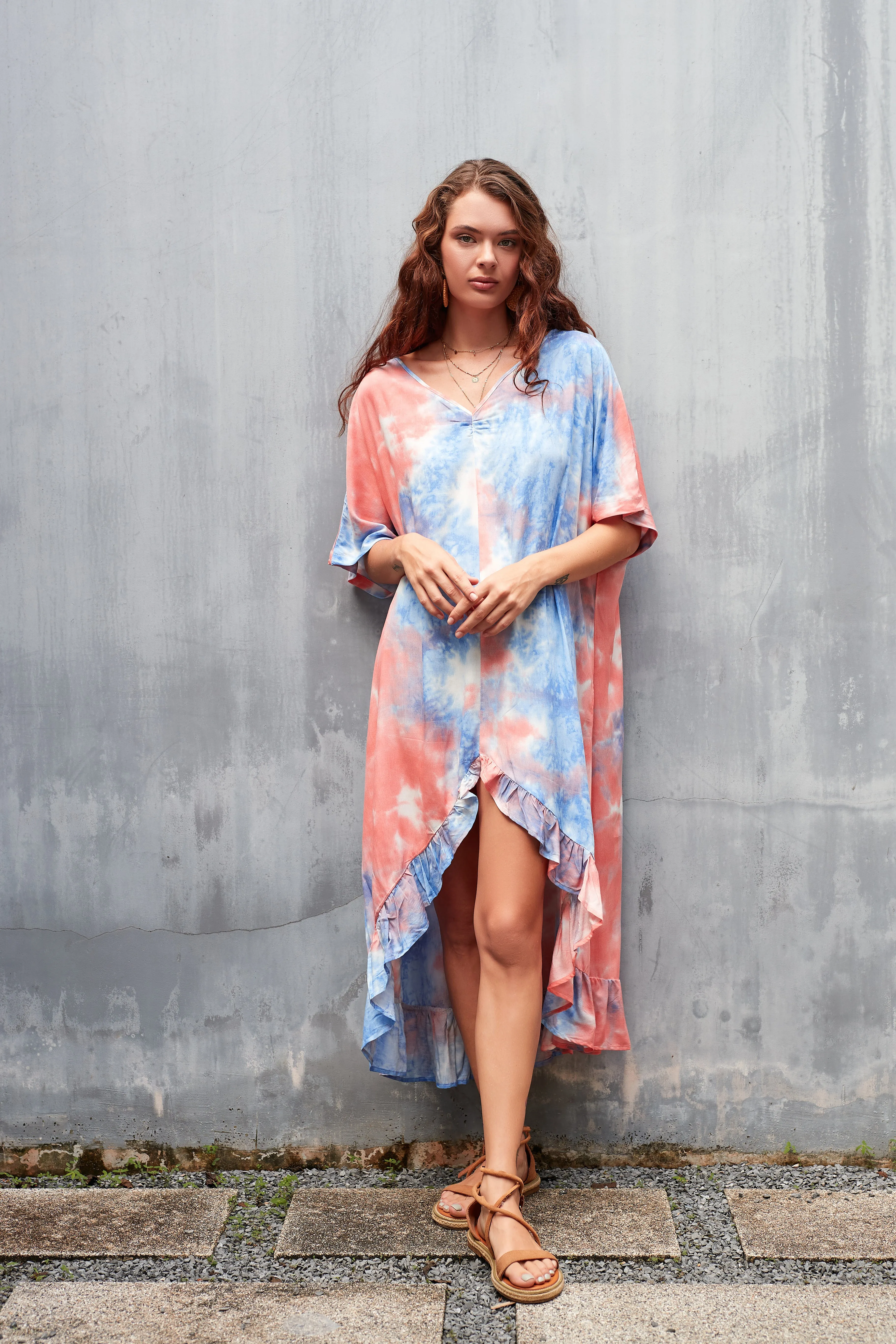 Loose Tie-Dye V-Neck Beach Kaftans for Women