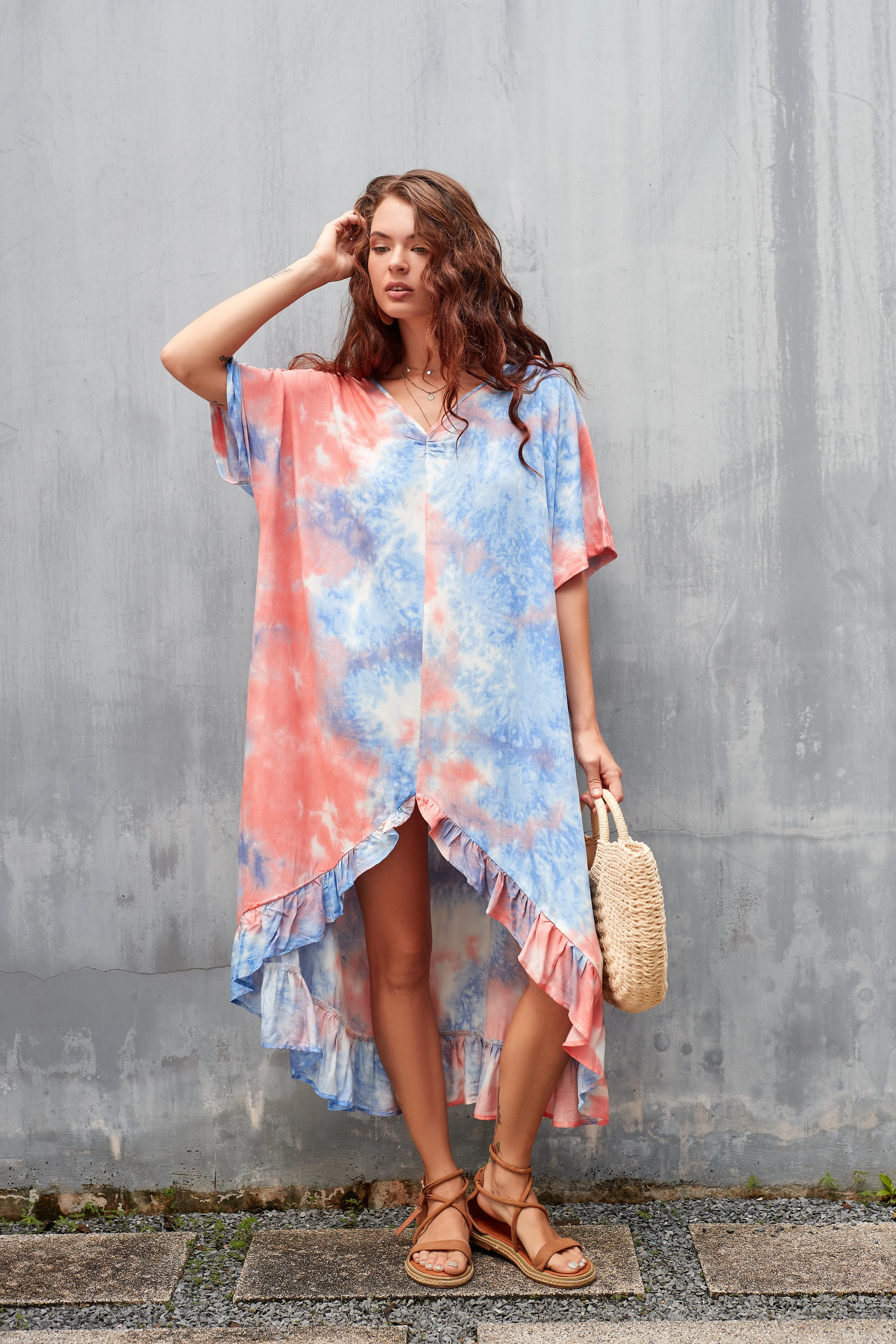 Loose Tie-Dye V-Neck Beach Kaftans for Women