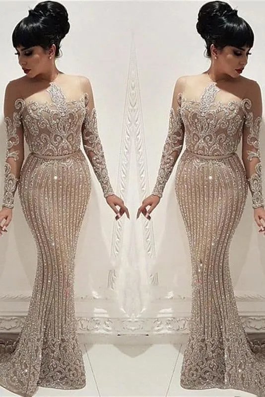Luxury Beading Crystal Prom Dresses Long Illusion Long Sleeve Mermaid Formal Party Dresses