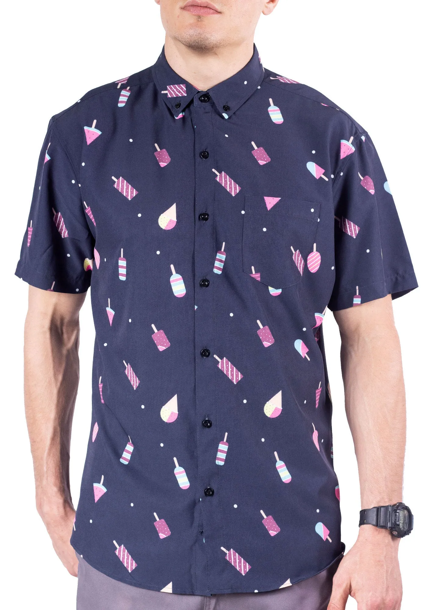 Mens Button Down Shirt - Ice Cream Navy ( Stretch )