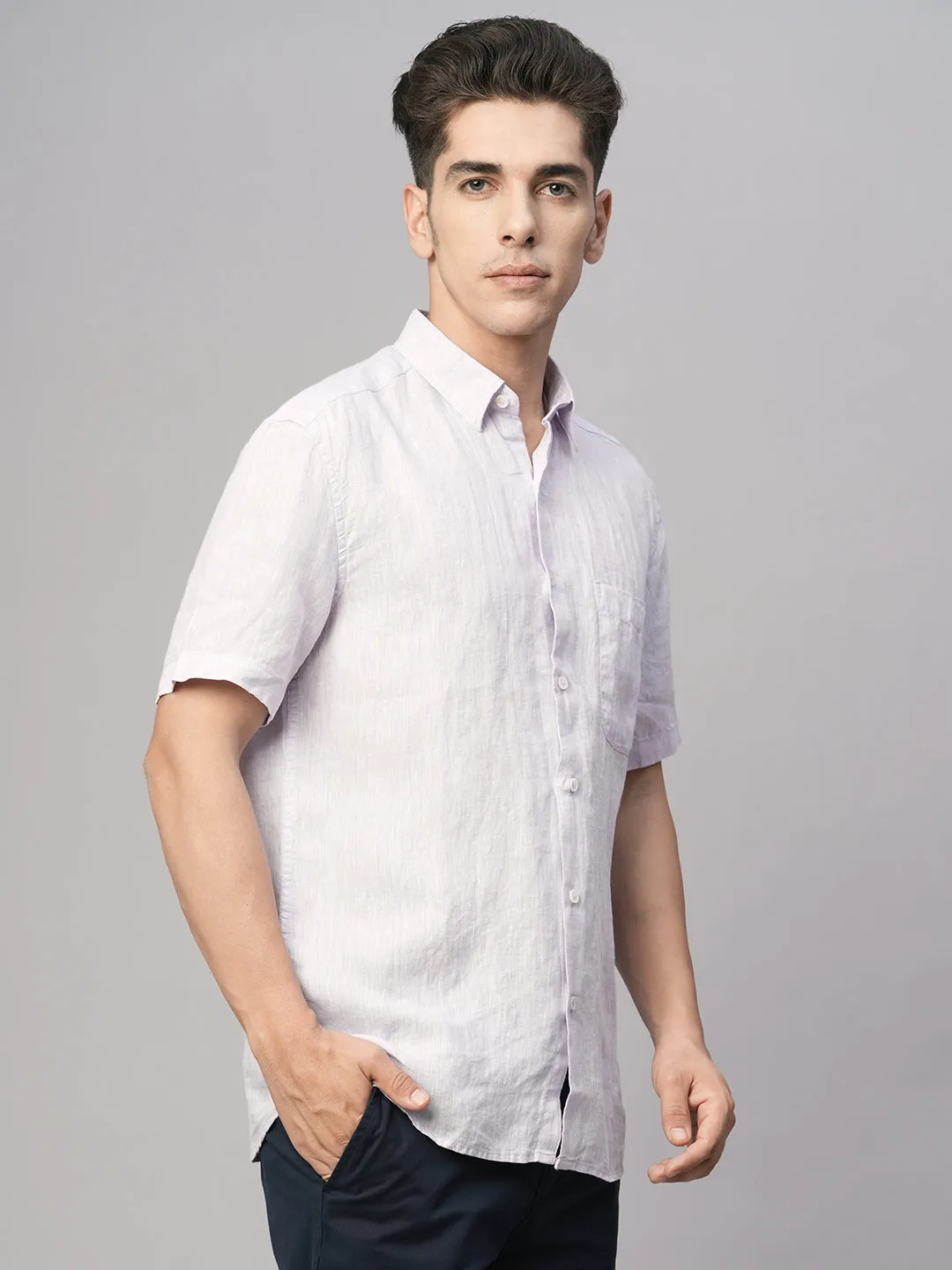 Men's Lilac 100% Linen Regular Fit Shirt