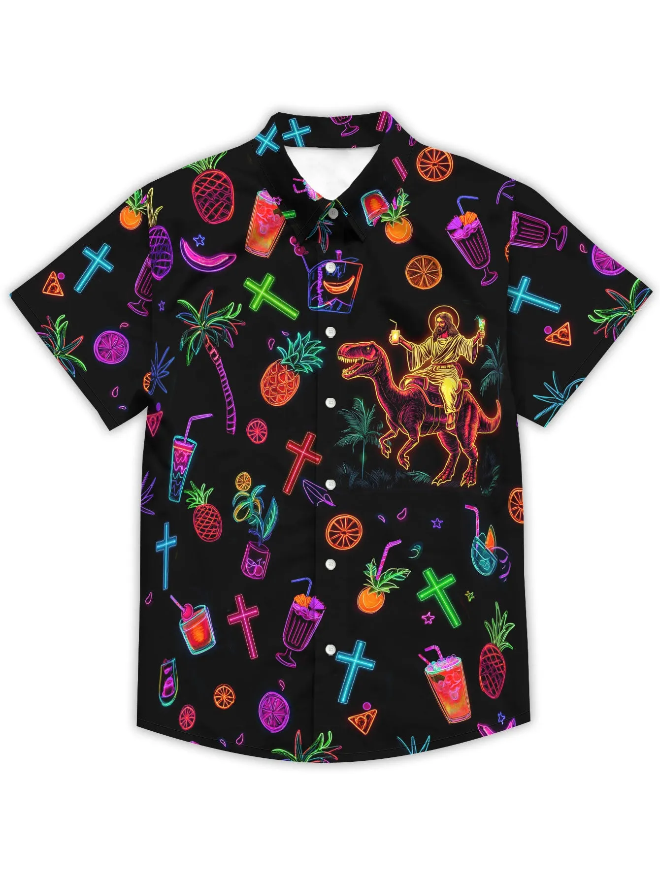 Men's Neon Jesus Shirt Funny Tropical Button Down Aloha Shirt Summer Holiday Tops