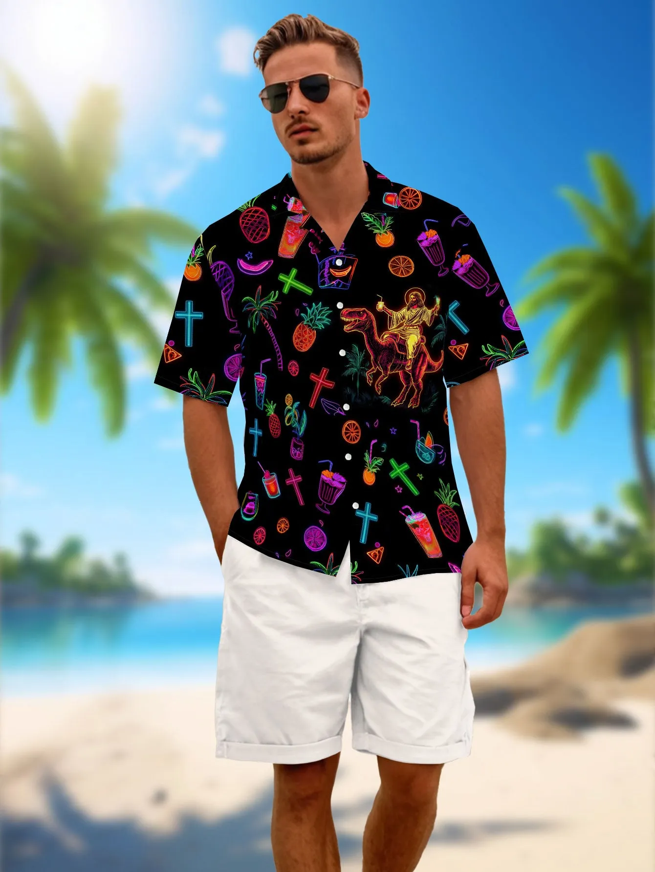 Men's Neon Jesus Shirt Funny Tropical Button Down Aloha Shirt Summer Holiday Tops