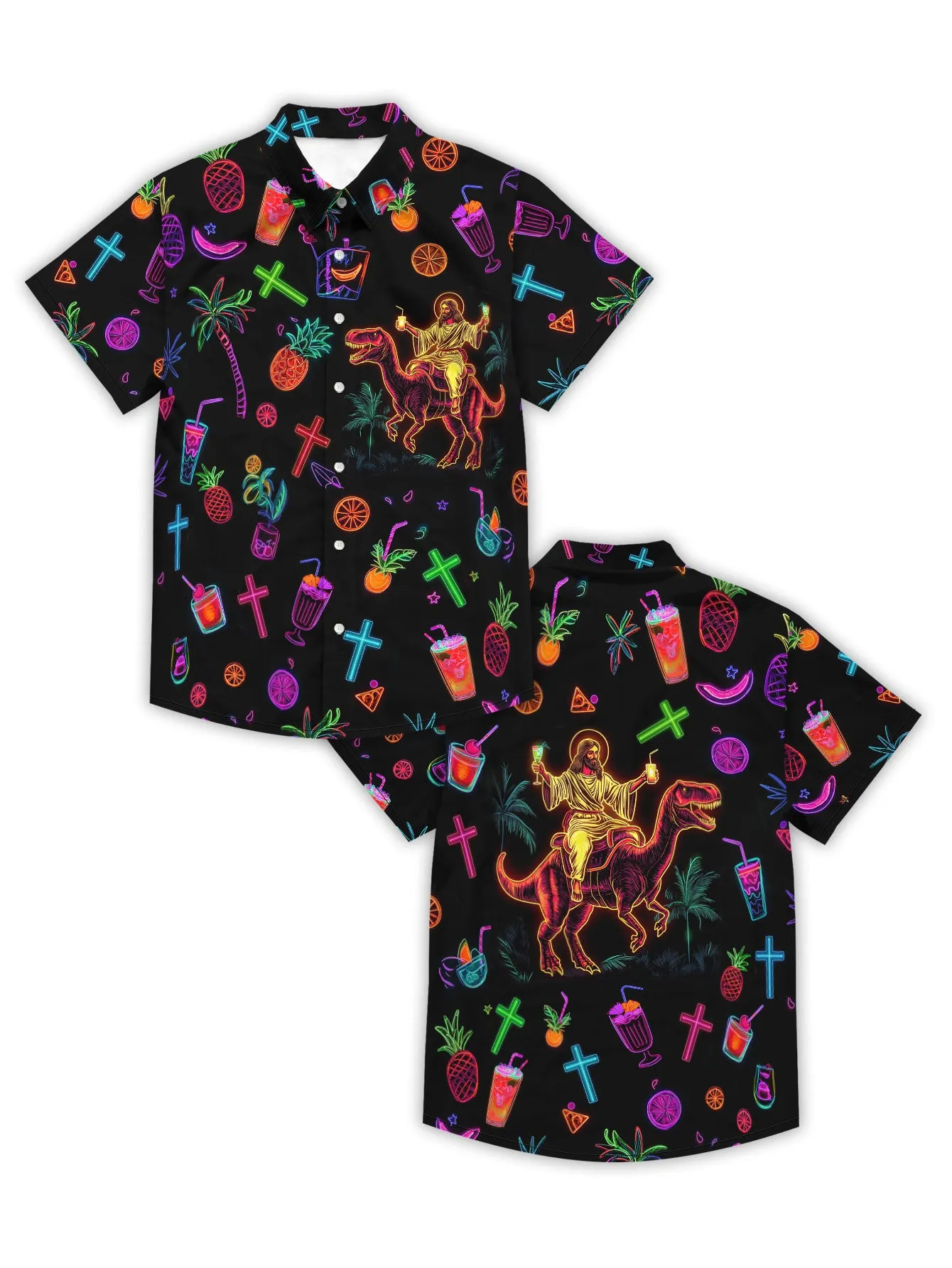 Men's Neon Jesus Shirt Funny Tropical Button Down Aloha Shirt Summer Holiday Tops