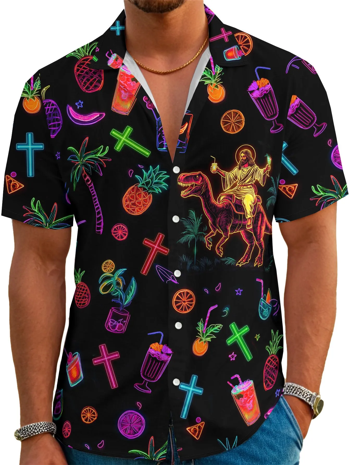Men's Neon Jesus Shirt Funny Tropical Button Down Aloha Shirt Summer Holiday Tops