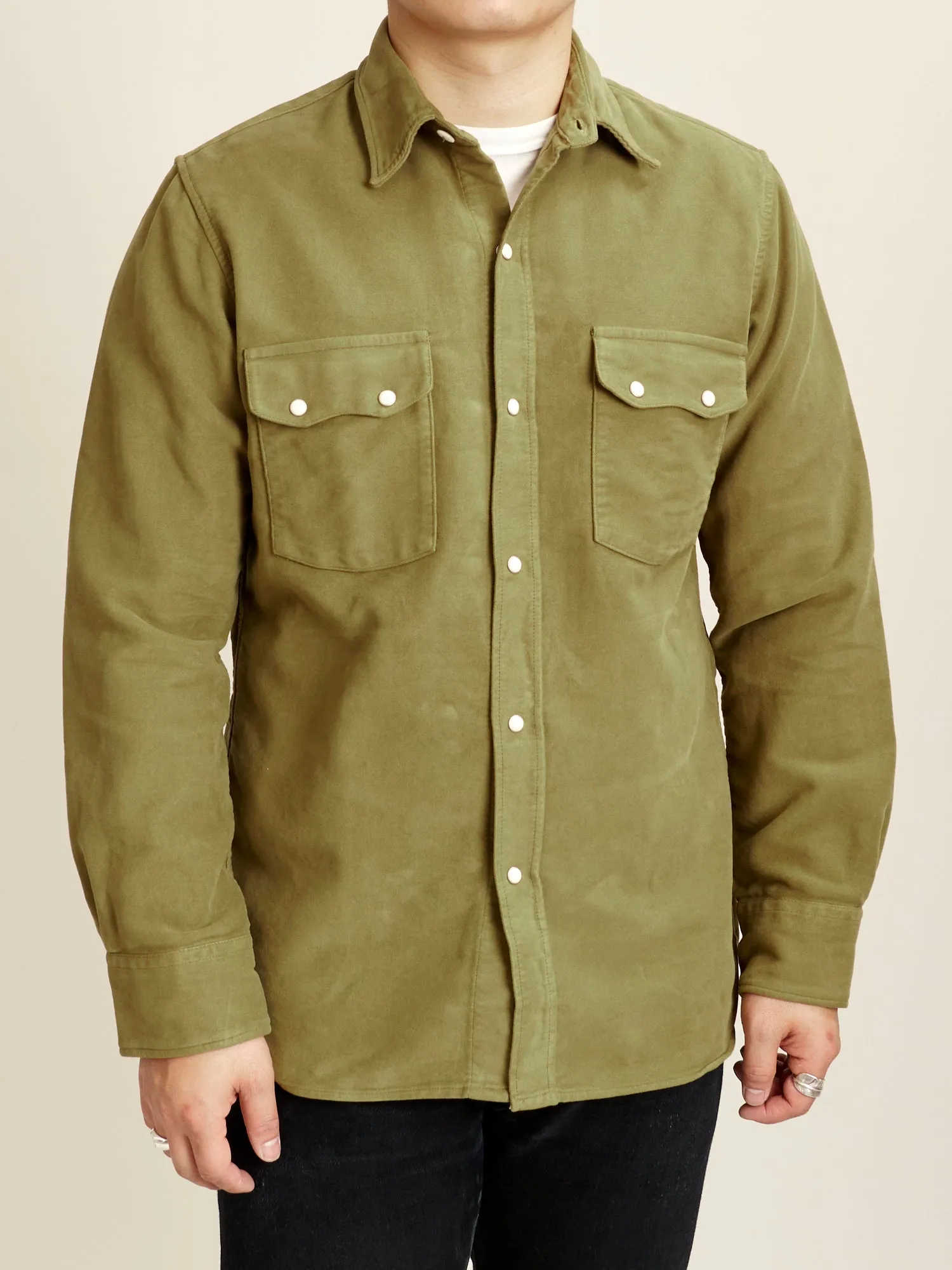 Moleskin Pearl Snap Shirt in Olive