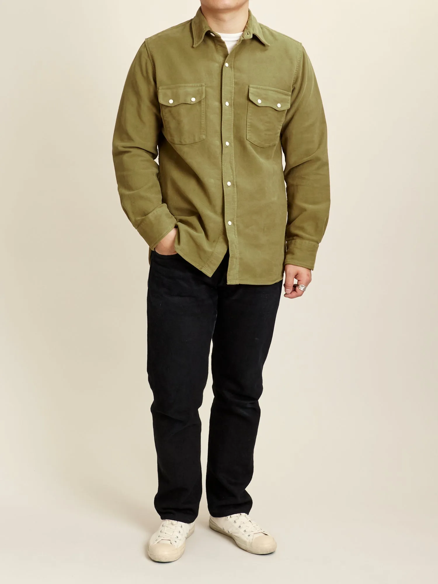 Moleskin Pearl Snap Shirt in Olive