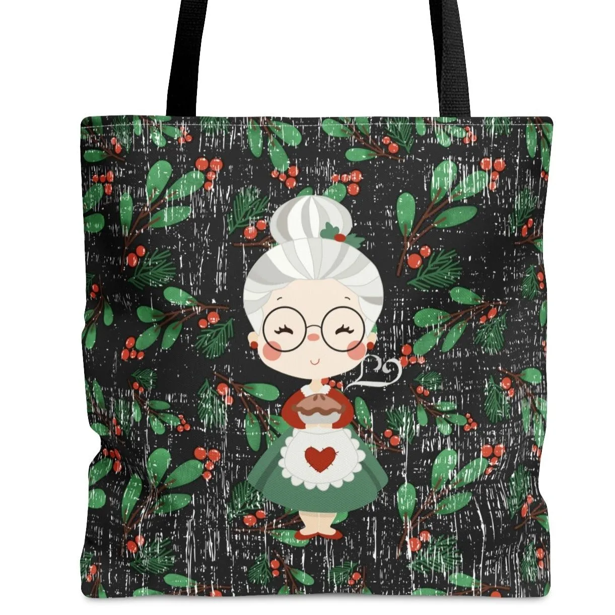 Mrs. Claus on Holly Christmas Print Background Large Tote Bag - Festive Holiday Accessory