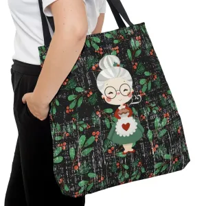 Mrs. Claus on Holly Christmas Print Background Large Tote Bag - Festive Holiday Accessory