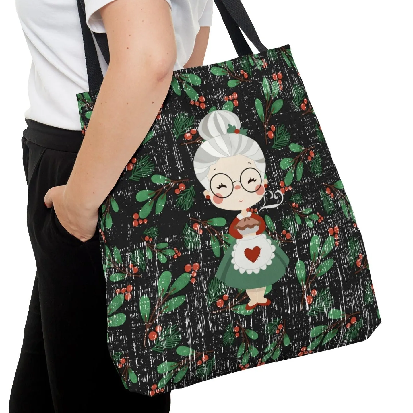 Mrs. Claus on Holly Christmas Print Background Large Tote Bag - Festive Holiday Accessory
