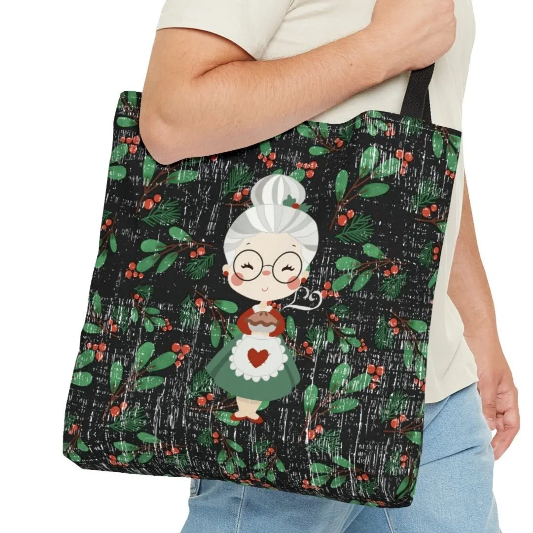Mrs. Claus on Holly Christmas Print Background Large Tote Bag - Festive Holiday Accessory