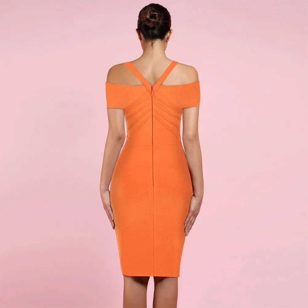 Orange Off Shoulder Midi Bandage Dress