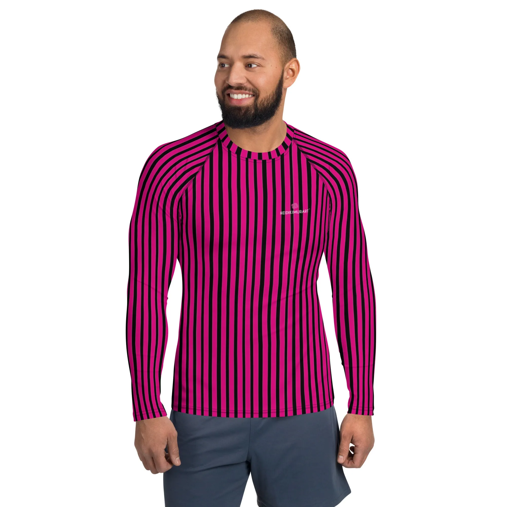 Pink Black Striped Men's Top, Hot Pink and Black Vertical Striped Designer Men's Rash Guards For Water Sports - Made in USA/EU/MX