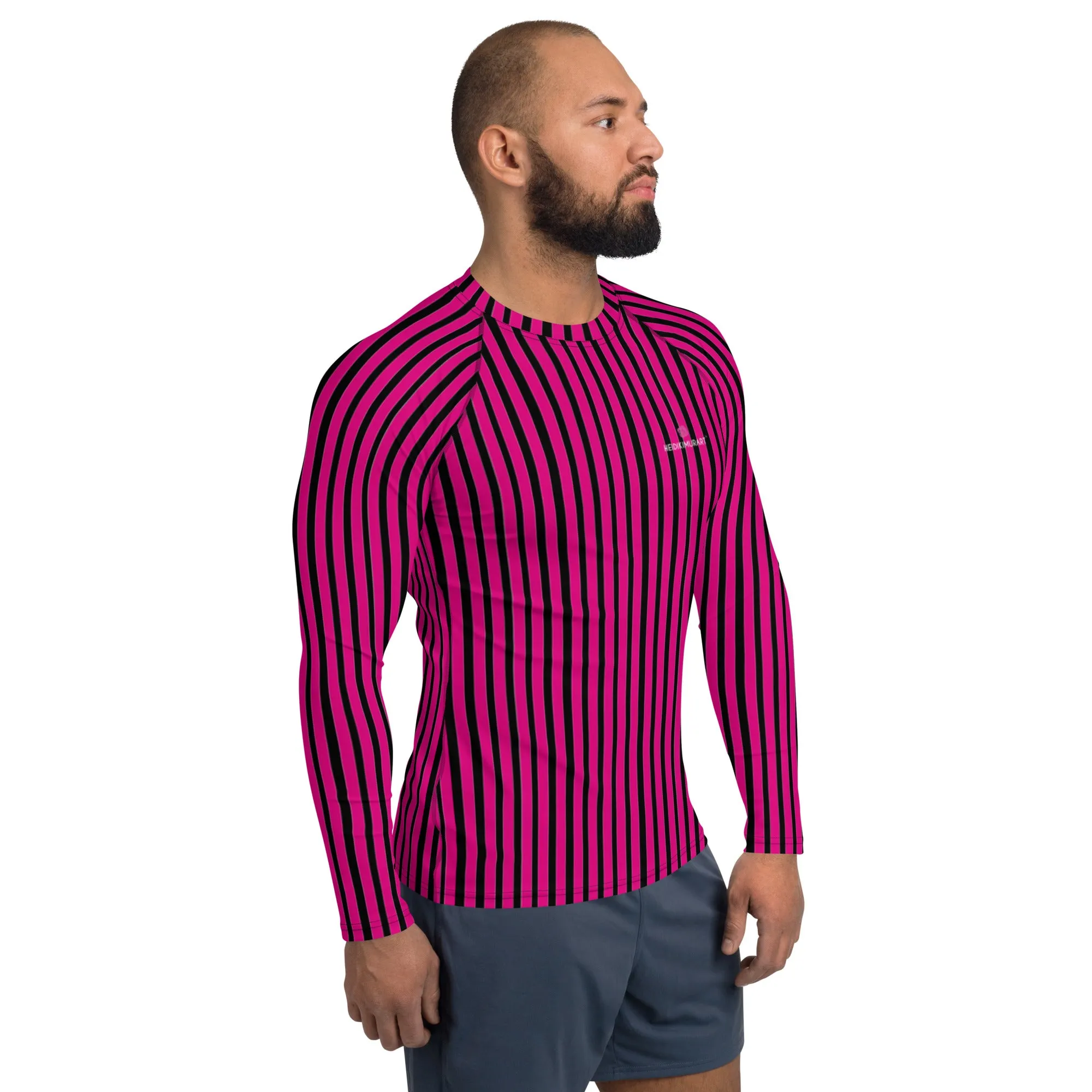 Pink Black Striped Men's Top, Hot Pink and Black Vertical Striped Designer Men's Rash Guards For Water Sports - Made in USA/EU/MX