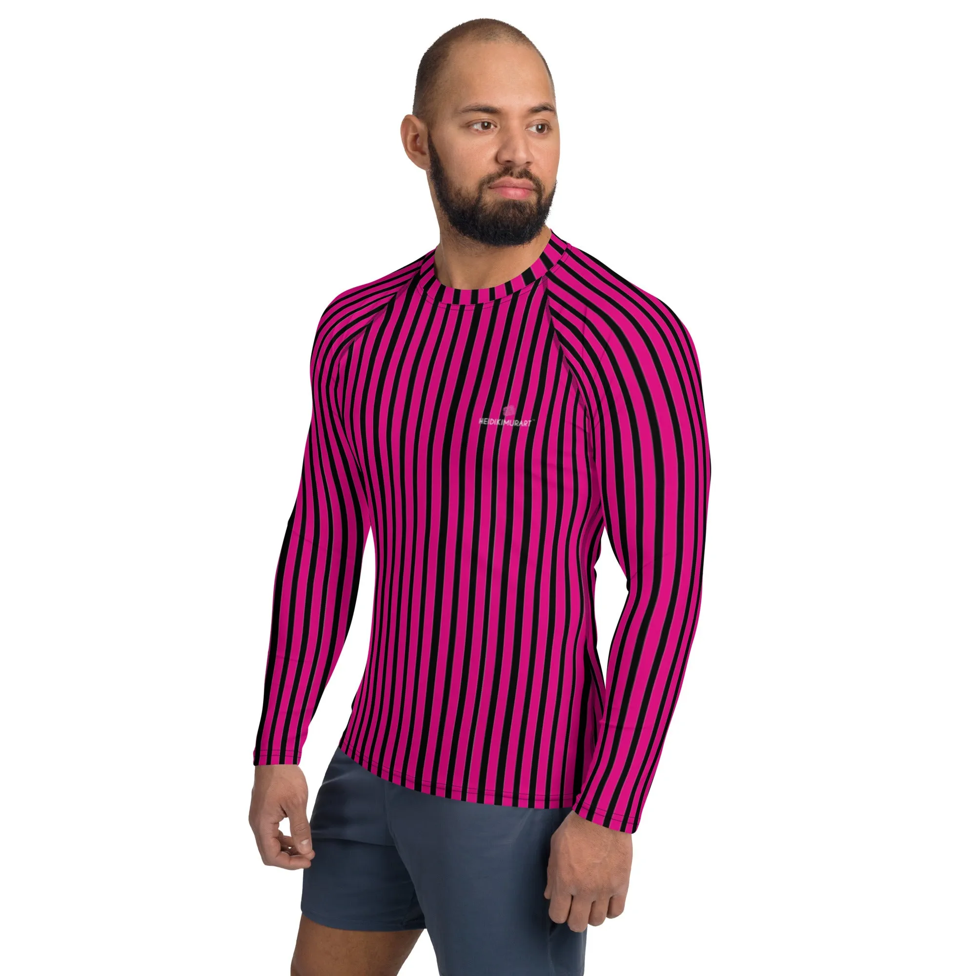 Pink Black Striped Men's Top, Hot Pink and Black Vertical Striped Designer Men's Rash Guards For Water Sports - Made in USA/EU/MX