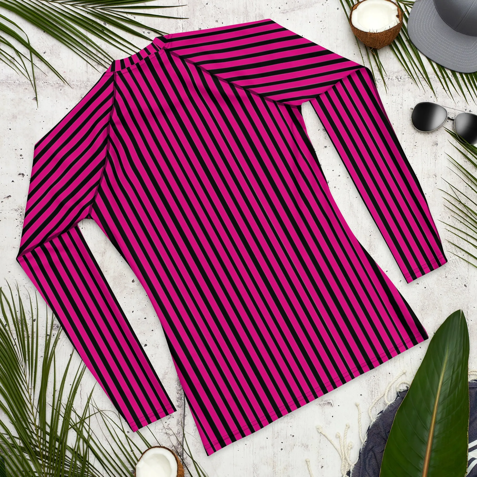 Pink Black Striped Men's Top, Hot Pink and Black Vertical Striped Designer Men's Rash Guards For Water Sports - Made in USA/EU/MX