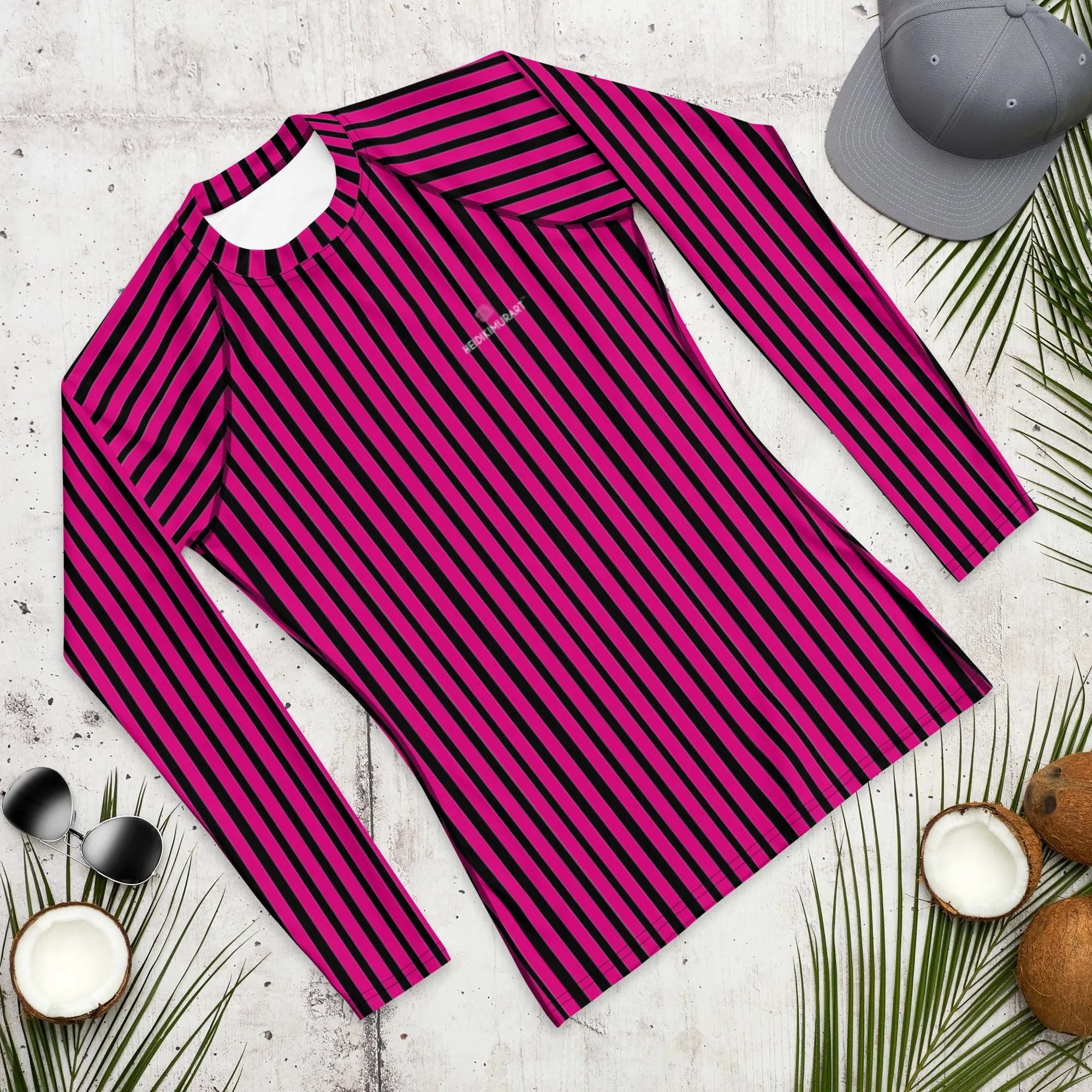 Pink Black Striped Men's Top, Hot Pink and Black Vertical Striped Designer Men's Rash Guards For Water Sports - Made in USA/EU/MX