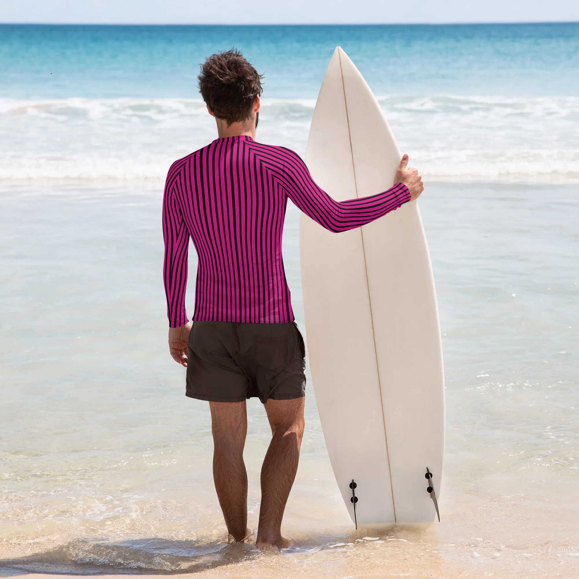 Pink Black Striped Men's Top, Hot Pink and Black Vertical Striped Designer Men's Rash Guards For Water Sports - Made in USA/EU/MX