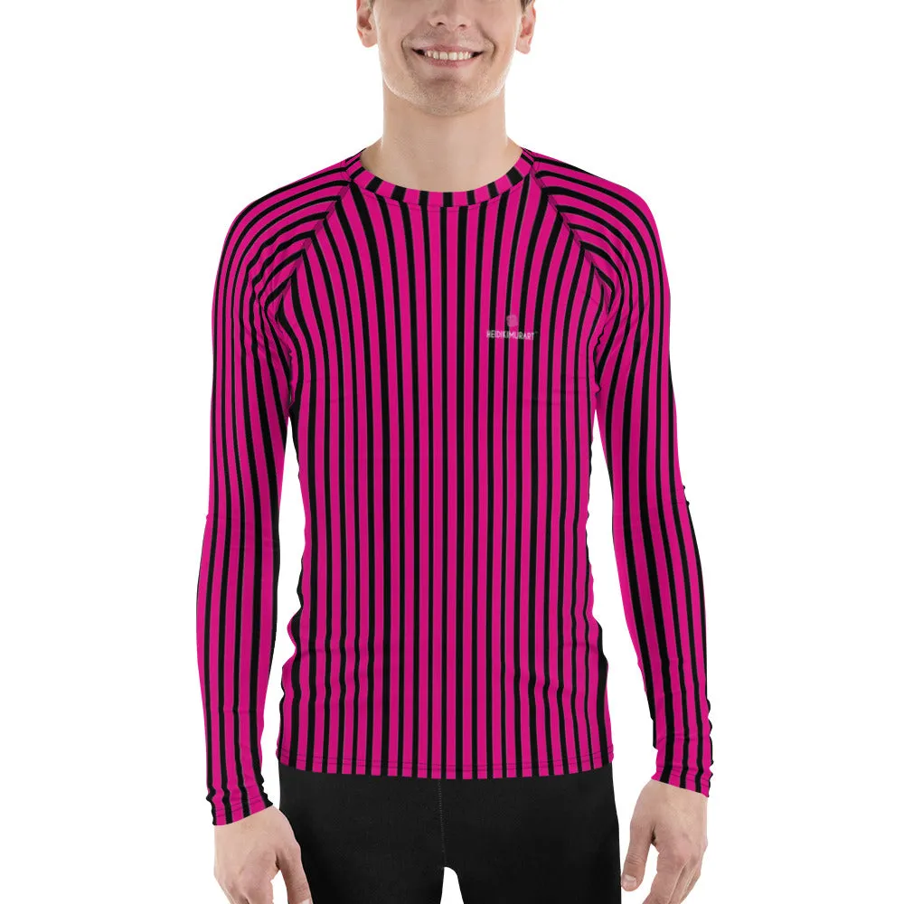 Pink Black Striped Men's Top, Hot Pink and Black Vertical Striped Designer Men's Rash Guards For Water Sports - Made in USA/EU/MX