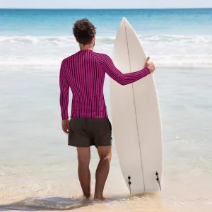 Pink Black Striped Men's Top, Hot Pink and Black Vertical Striped Designer Men's Rash Guards For Water Sports - Made in USA/EU/MX