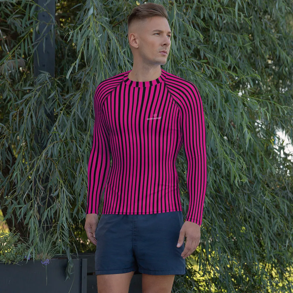 Pink Black Striped Men's Top, Hot Pink and Black Vertical Striped Designer Men's Rash Guards For Water Sports - Made in USA/EU/MX