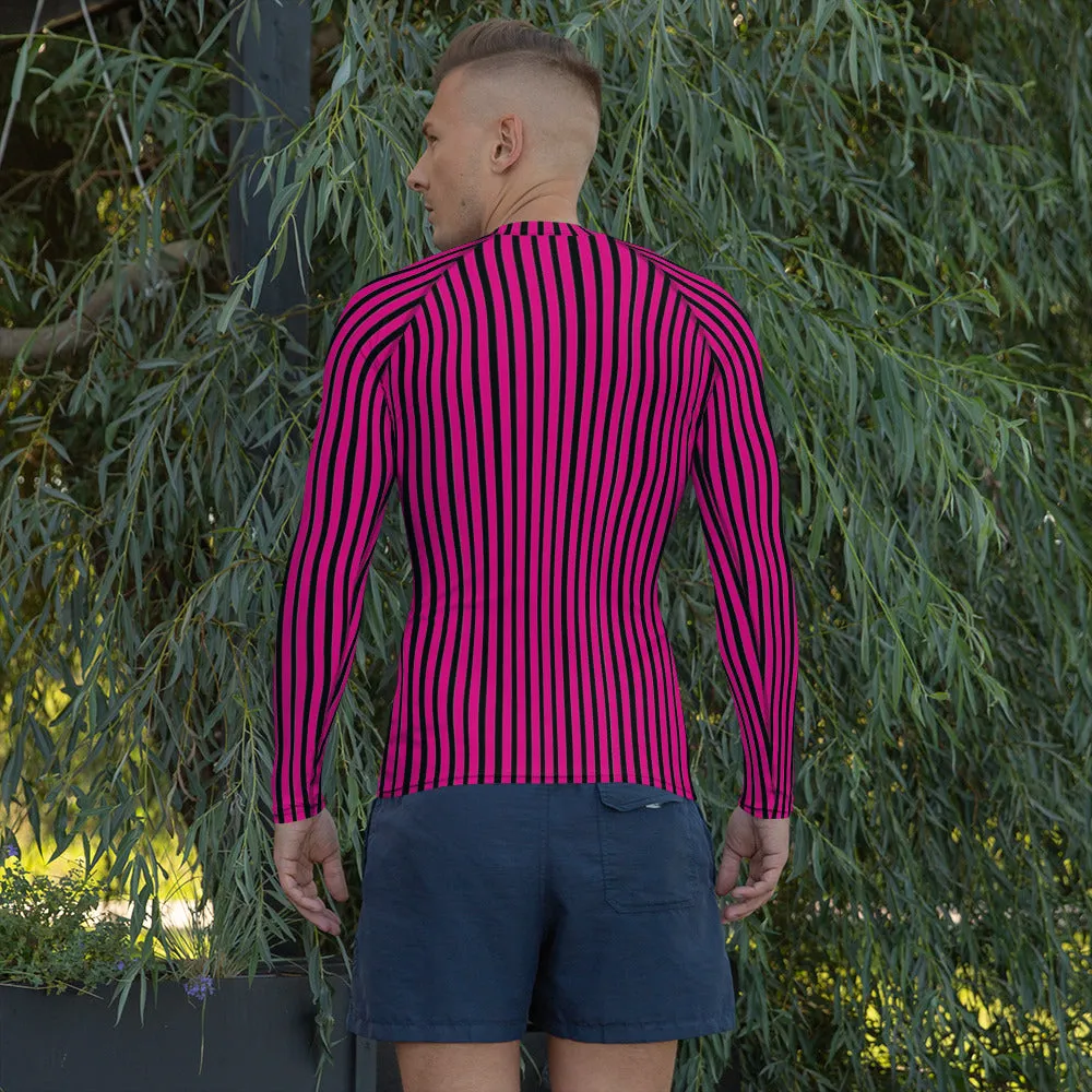 Pink Black Striped Men's Top, Hot Pink and Black Vertical Striped Designer Men's Rash Guards For Water Sports - Made in USA/EU/MX
