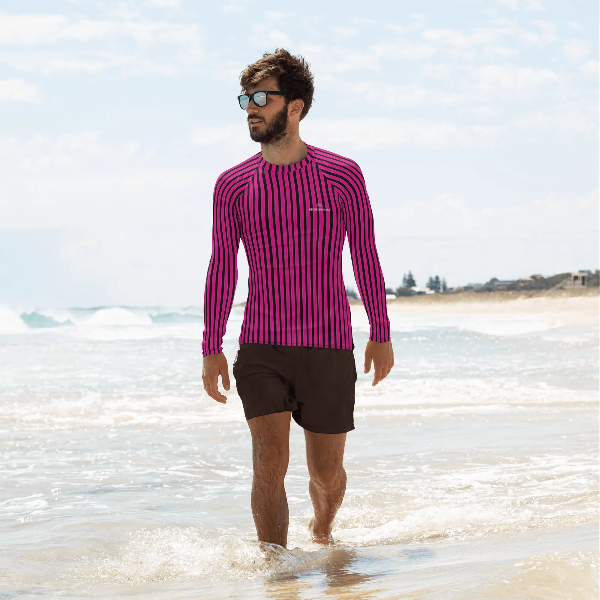 Pink Black Striped Men's Top, Hot Pink and Black Vertical Striped Designer Men's Rash Guards For Water Sports - Made in USA/EU/MX