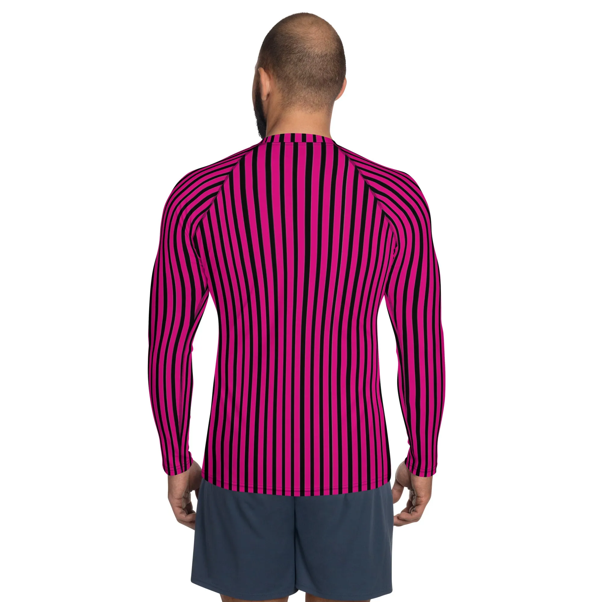 Pink Black Striped Men's Top, Hot Pink and Black Vertical Striped Designer Men's Rash Guards For Water Sports - Made in USA/EU/MX