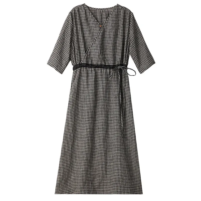 Plaid 100% Linen Women Dresses 3/4 Sleeves V Neck Spring Summer Women Dresses XH9625