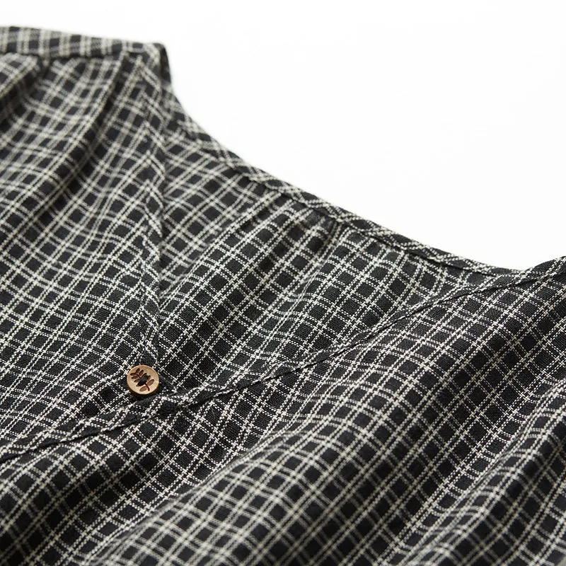 Plaid 100% Linen Women Dresses 3/4 Sleeves V Neck Spring Summer Women Dresses XH9625