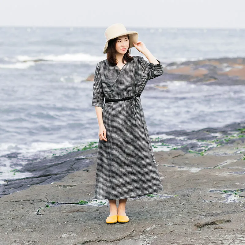 Plaid 100% Linen Women Dresses 3/4 Sleeves V Neck Spring Summer Women Dresses XH9625