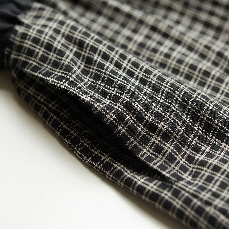 Plaid 100% Linen Women Dresses 3/4 Sleeves V Neck Spring Summer Women Dresses XH9625