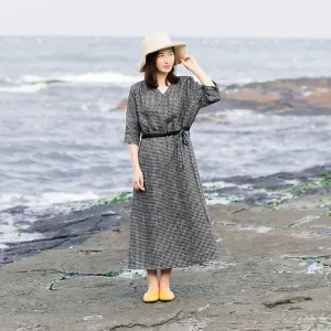 Plaid 100% Linen Women Dresses 3/4 Sleeves V Neck Spring Summer Women Dresses XH9625